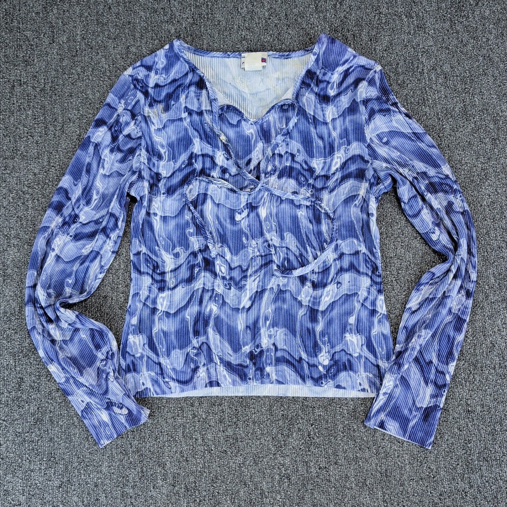 Rave Girl Vintage 90s Plissé Lace Up Top Women L Blue Marble Water Print‎ Y2K